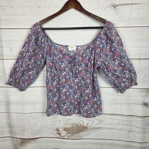 Everly Floral Blouse Womens Medium Blue Ditsy Puff Sleeve Tie Front Cottagecore